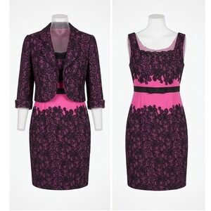 Le Bos Women Pink Black Lace Print Jacket/Dress Suit Size 18 Glamcore Barbiecore